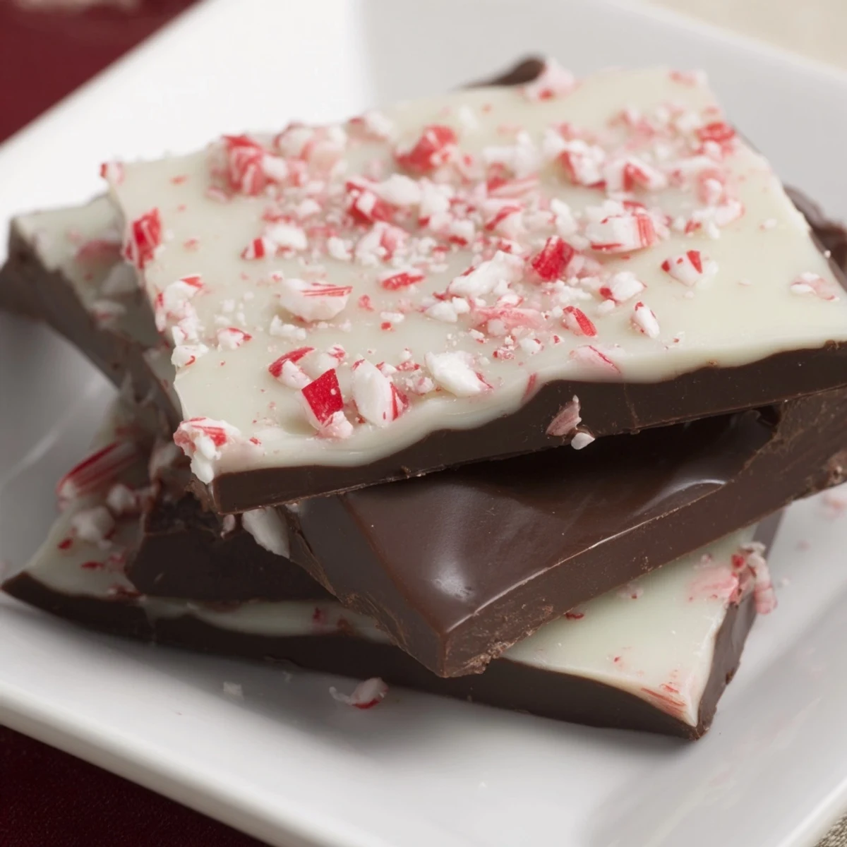 Rich dark and white chocolate layers of peppermint bark topped with crushed candy canes, ready to enjoy.