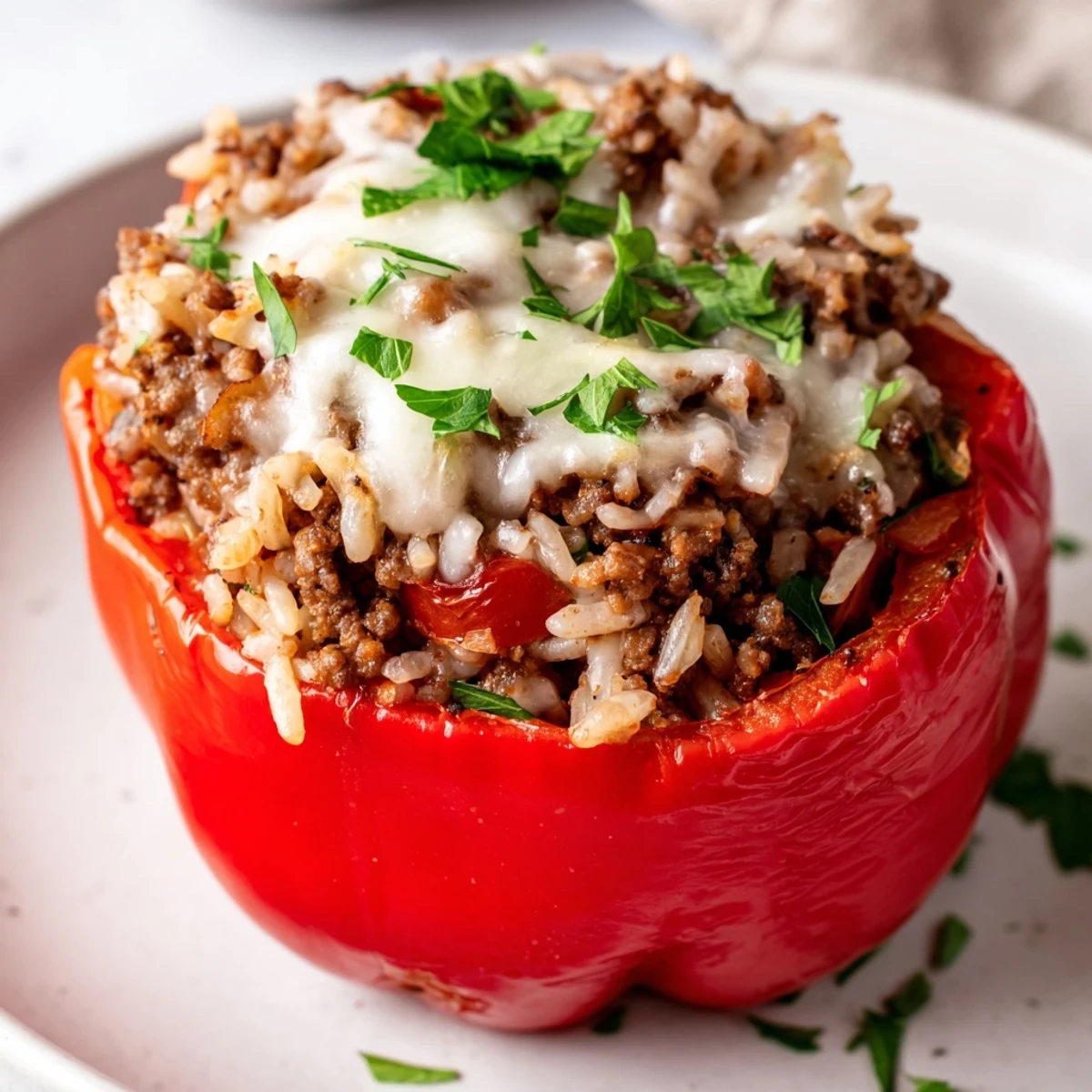 Golden-brown stuffed peppers, brimming with flavorful meat and rice, ready to serve with fresh parsley.