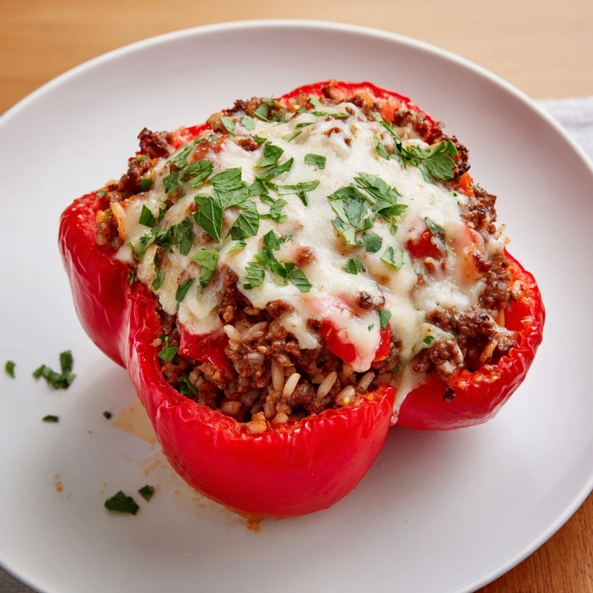 Oven-baked stuffed peppers, filled with seasoned ground beef and vegetables, offer a comforting Mediterranean meal.