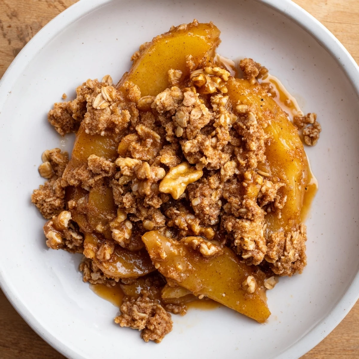 Golden, bubbly Pear Crisp fresh from the oven, ready to be devoured with vanilla ice cream.