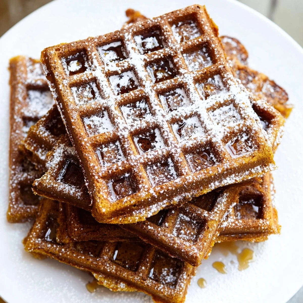 A stack of delicious gingerbread waffles, a festive breakfast perfect for a cozy morning.