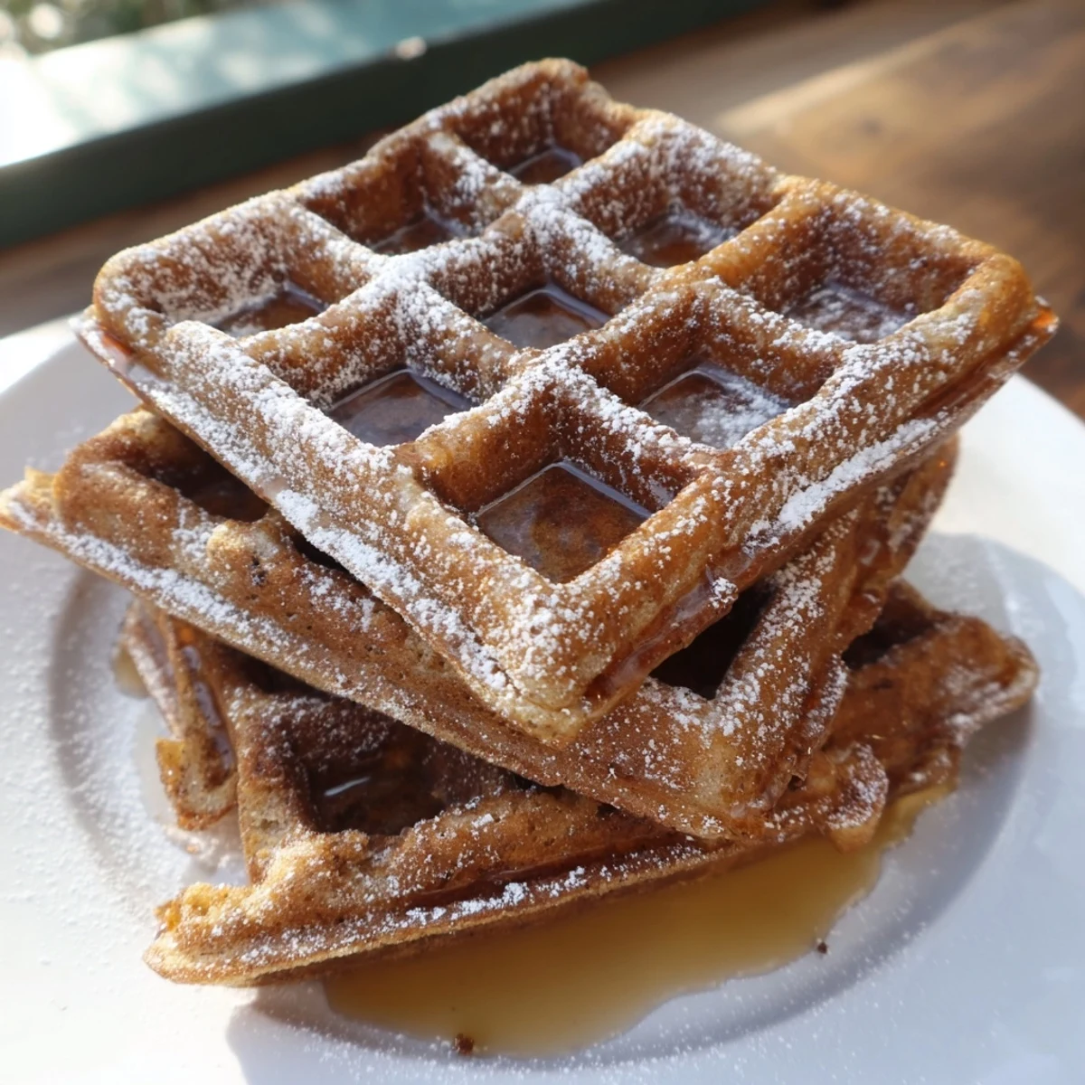 Close-up of freshly made gingerbread waffles, showing crispy edges and a rich, inviting aroma.