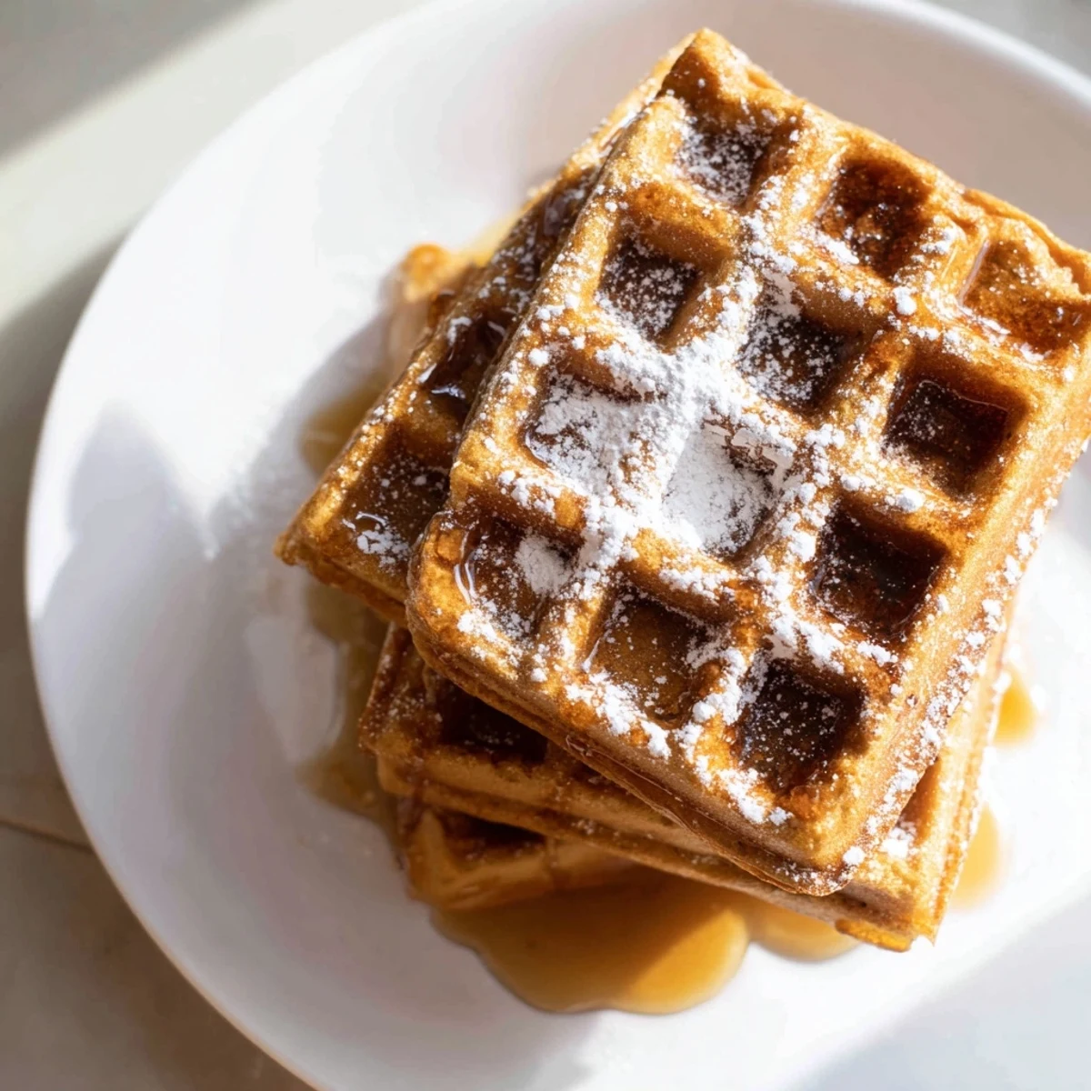 Fluffy, golden-brown gingerbread waffles, served warm with maple syrup, smelling of warm spices.