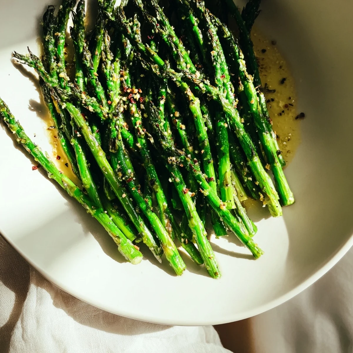 Freshly baked asparagus spears, glistening with olive oil, are a healthy and delicious, easy-to-make side.