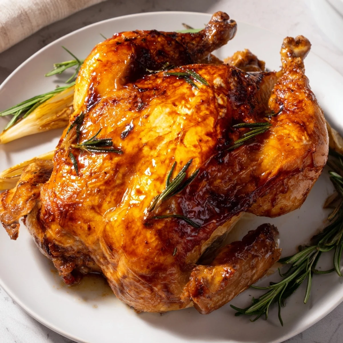 Golden-brown roast chicken with crispy skin and fragrant herbs ready for a delicious dinner.