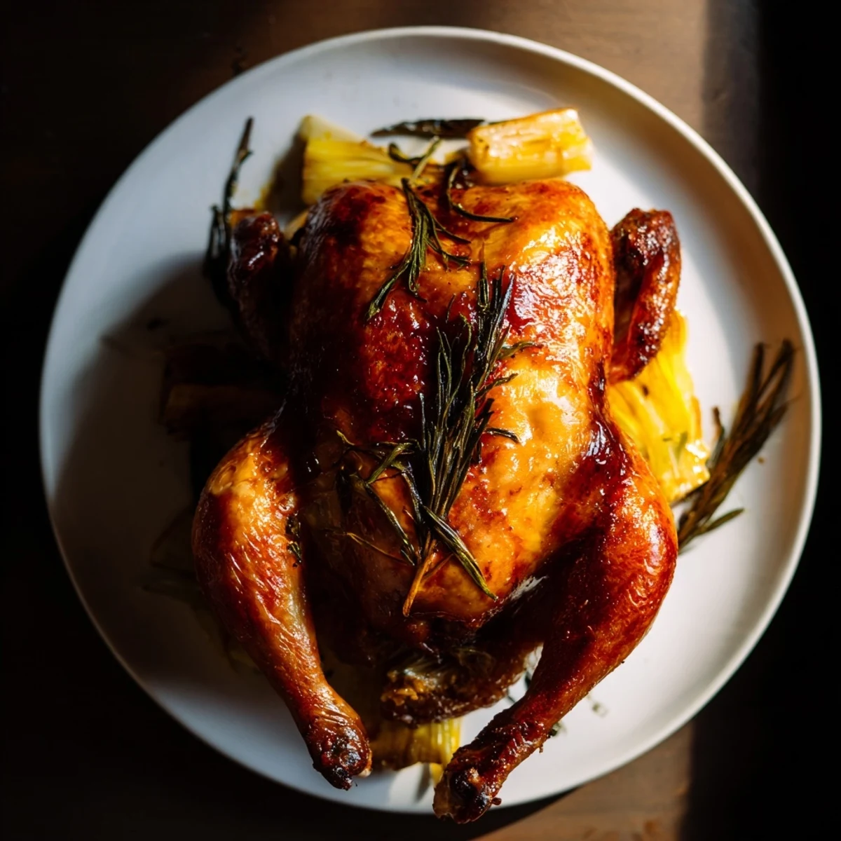 Perfectly cooked roast chicken, a comforting main dish, sits on a bed of savory herbs.