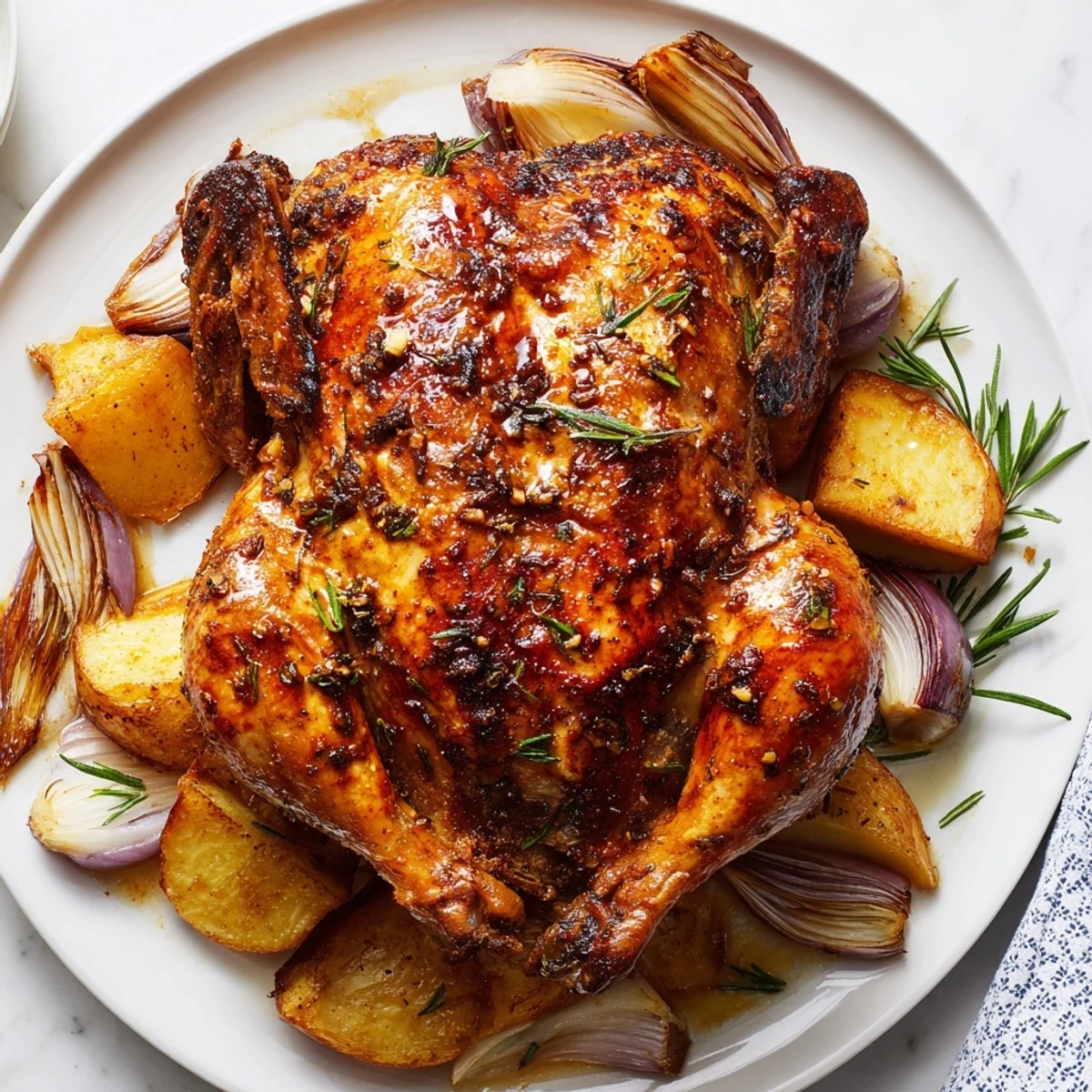 Juicy roast chicken, fall-off-the-bone tender, is surrounded by roasted vegetables.