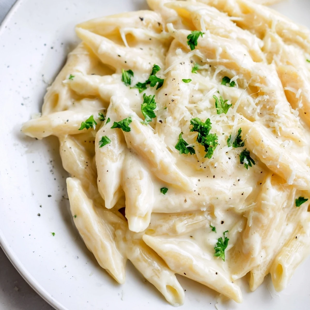 A large bowl of creamy pasta topped with fresh parsley, ready to be enjoyed.