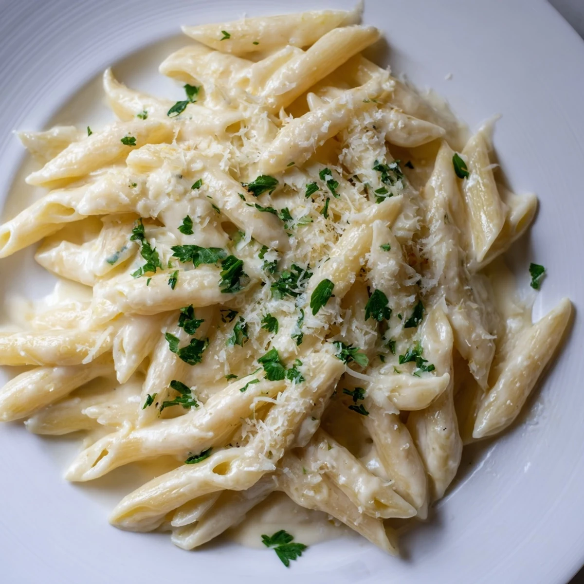Savory creamy pasta dish, perfectly coated in a rich Parmesan sauce, perfect for dinner.
