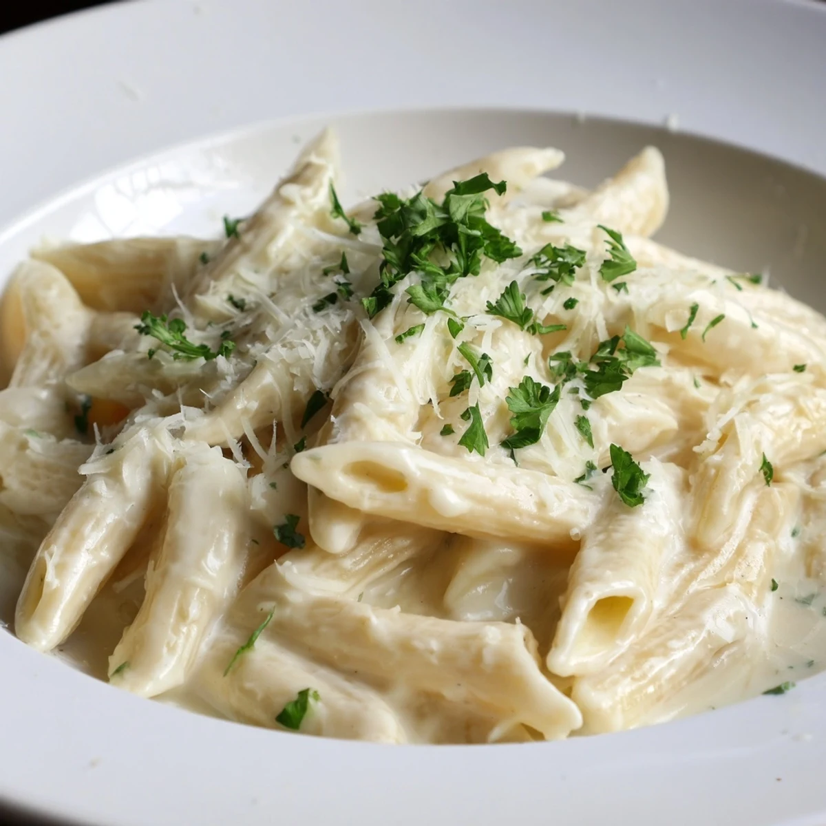 Close-up of the delicious creamy pasta, with a sprinkle of cheese, inviting you to eat.