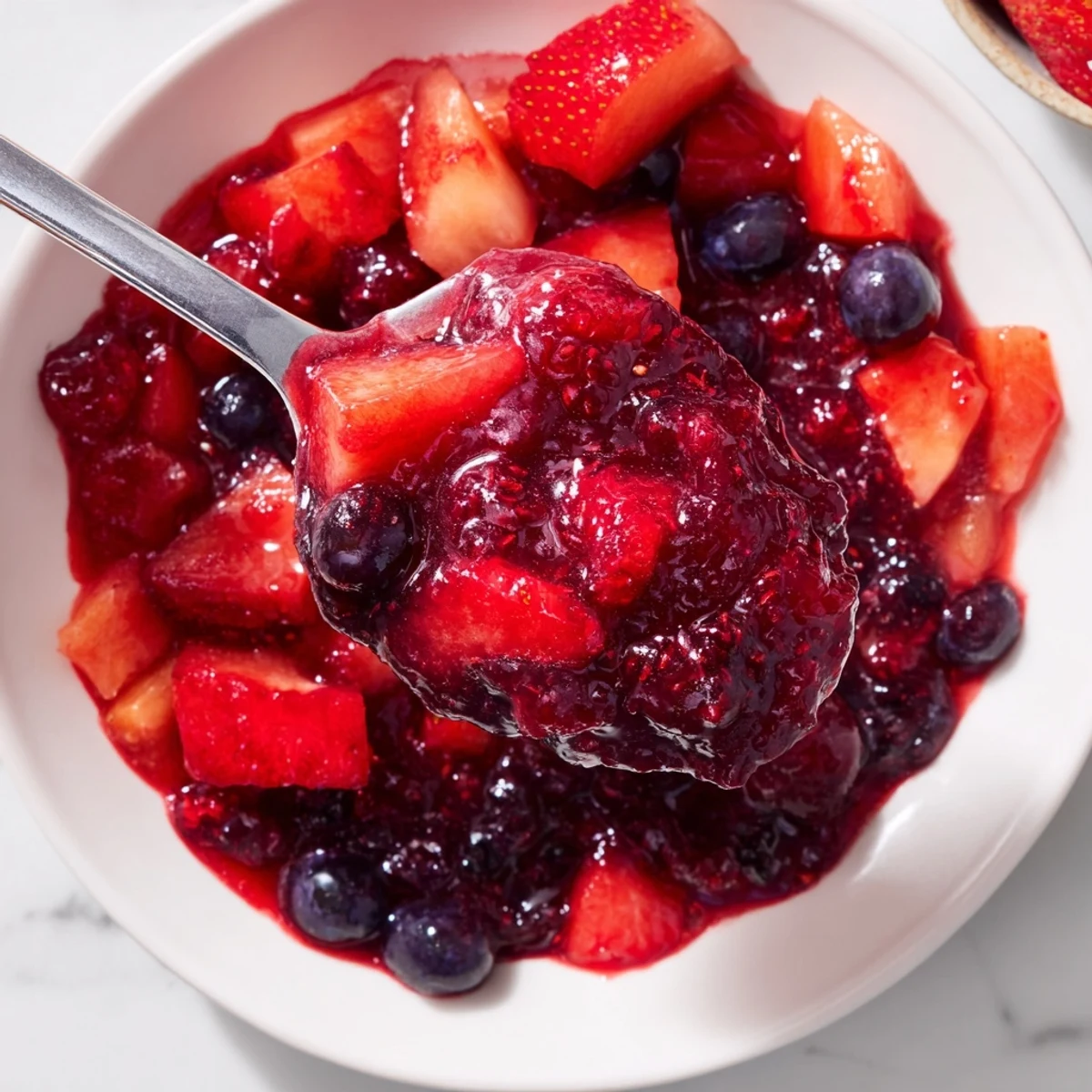 Warm, bubbling fruit jam simmering in a saucepan, ready to be poured into sterilized jars for your kitchen.