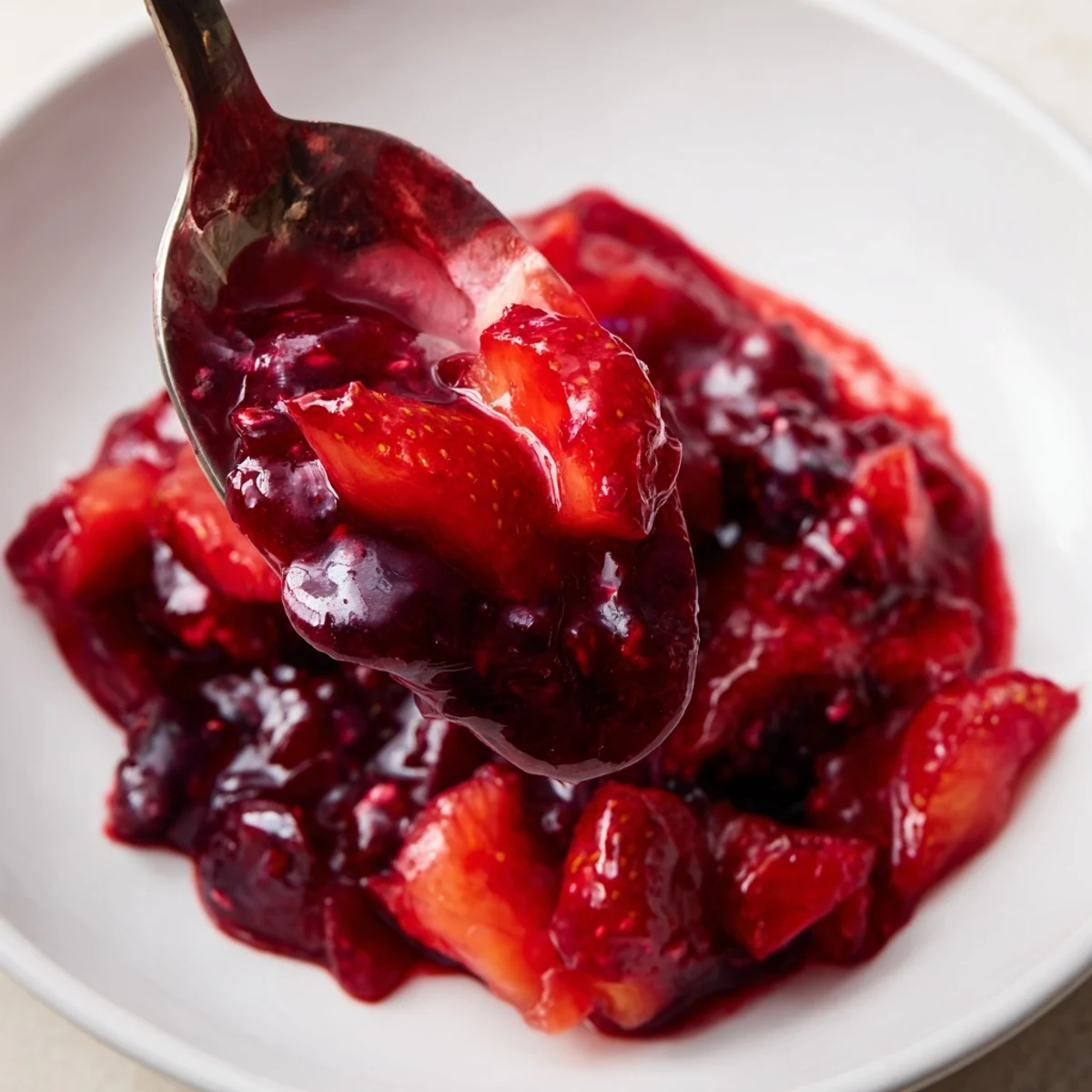 A glistening jar of homemade fruit jam, showcasing vibrant colors and enticing textures for your enjoyment.