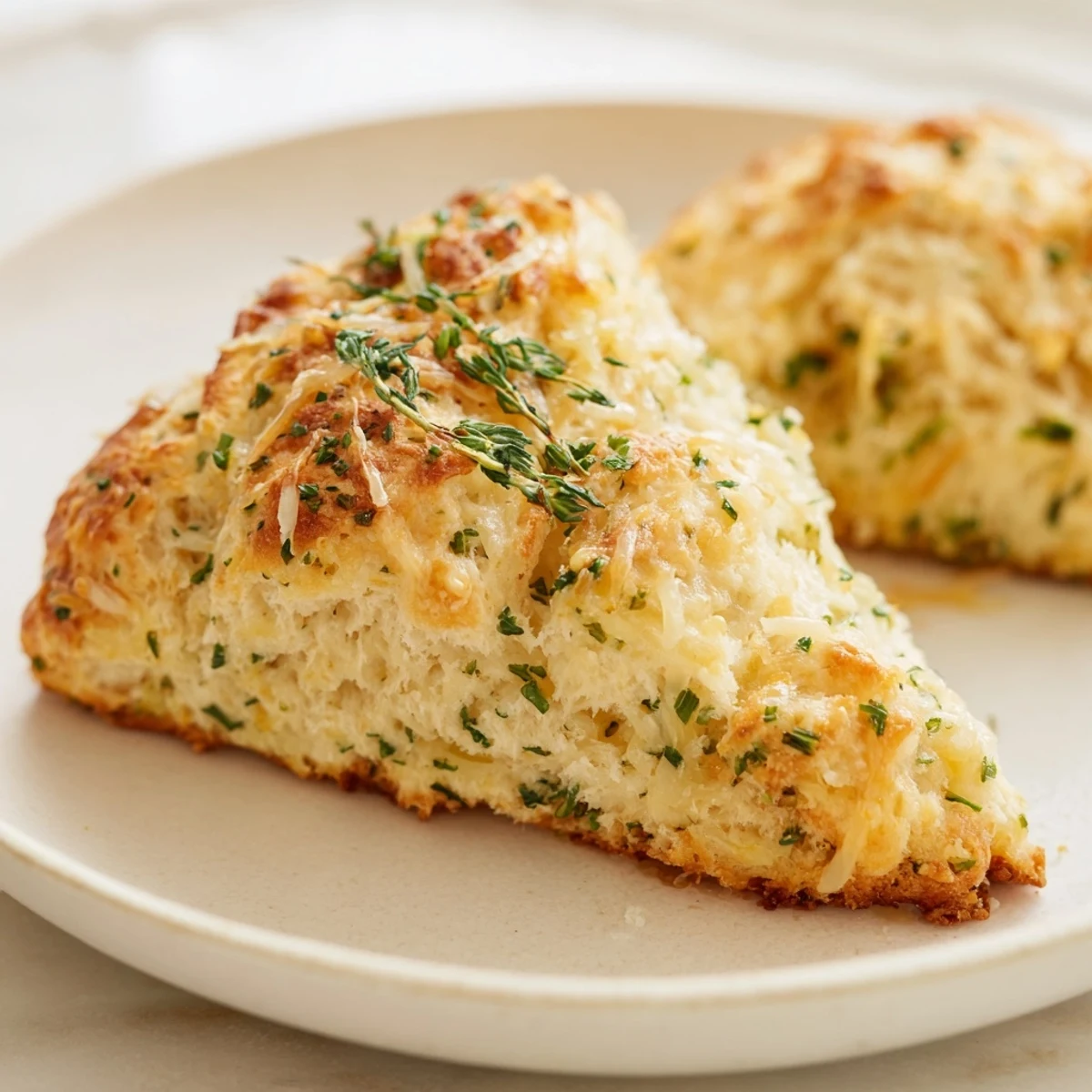 Close-up of flaky, golden Savory Herb and Cheese Scones, showcasing the herbs and melted cheese within.