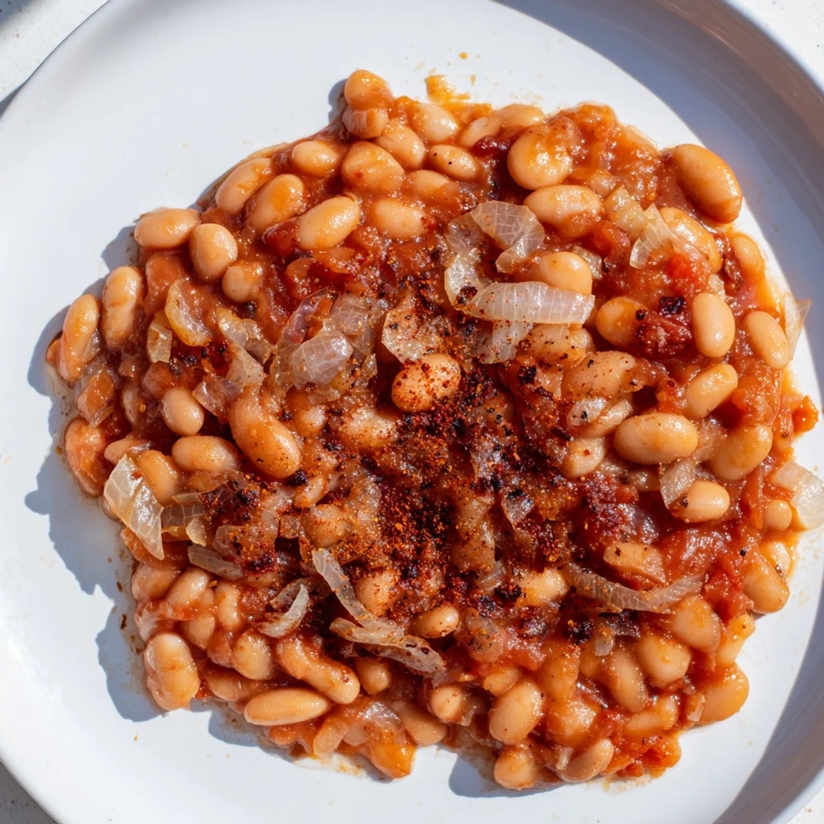 Steaming bowl of baked beans, rich tomato sauce and savory aroma, ready to enjoy.