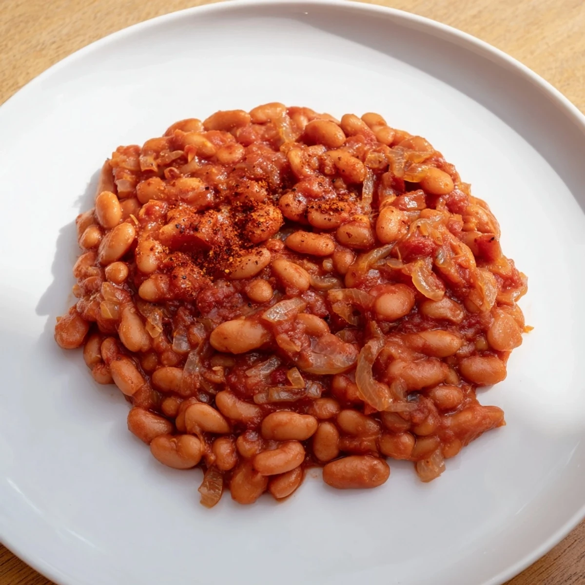 Hearty portion of baked beans, glistening with a dark, caramelized sauce, ready to serve for dinner.