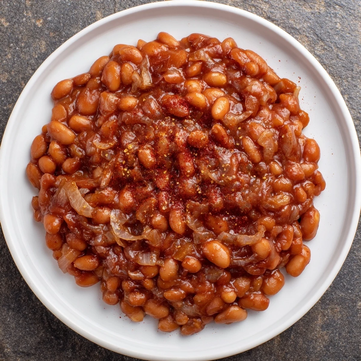 Close-up shot shows oven-baked beans, bubbling gently in their sauce, perfect with toast.
