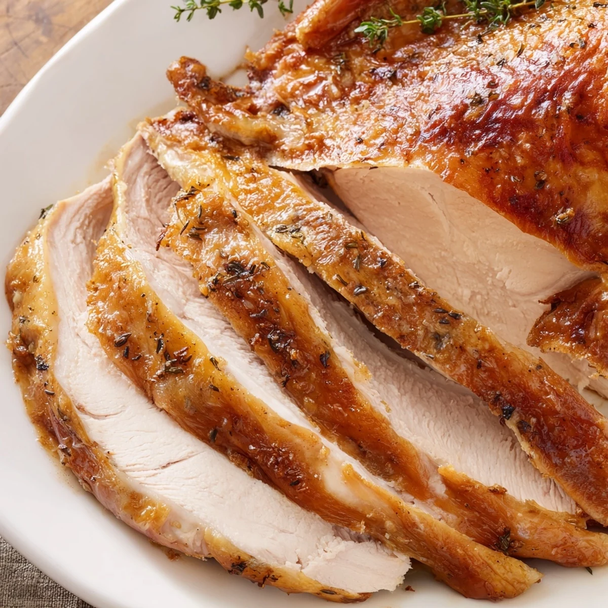 Golden-skinned roast turkey, the centerpiece of a festive meal, surrounded by aromatic herbs.