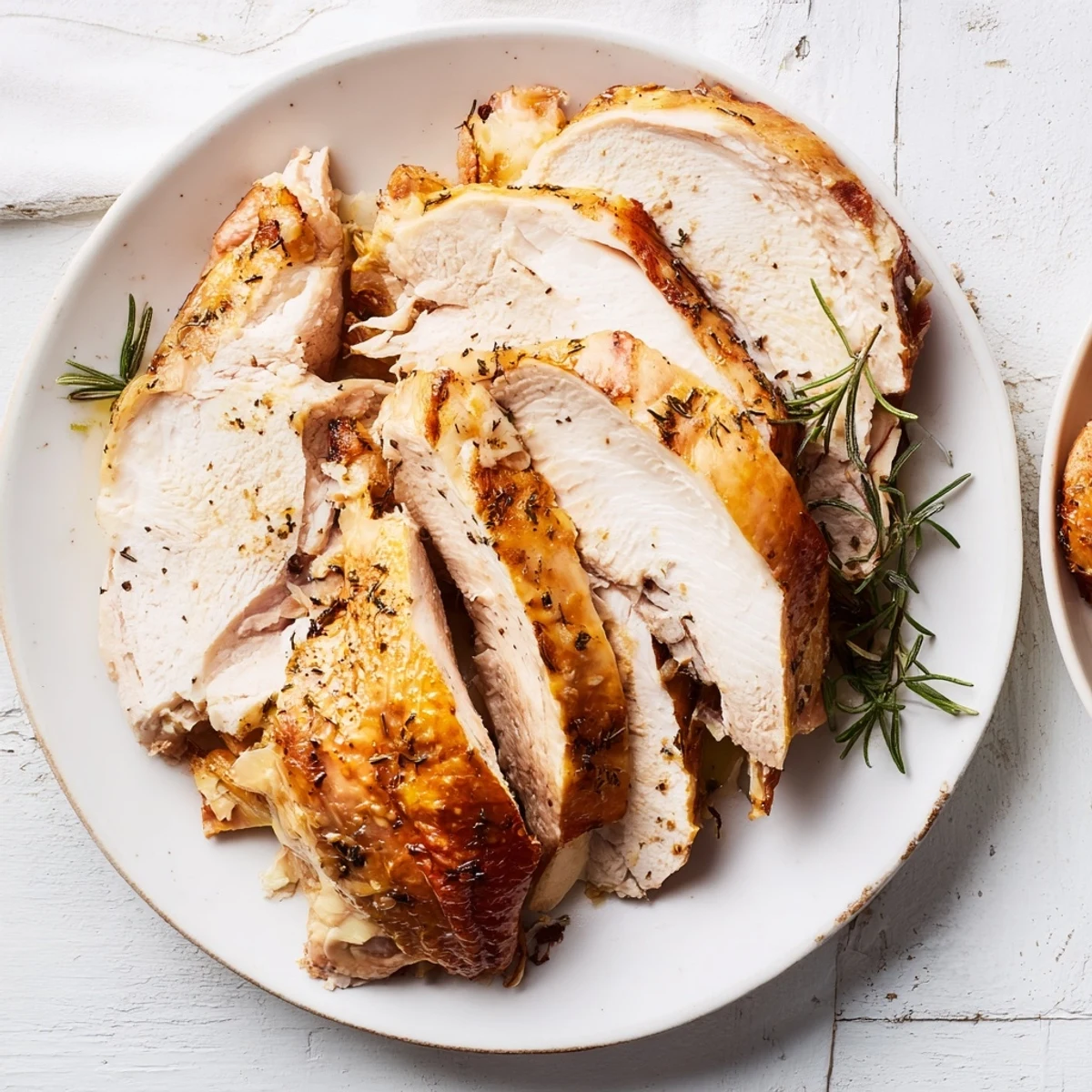 A close-up of a beautifully roasted turkey, showcasing crispy skin and savory herbs for a delightful dinner.