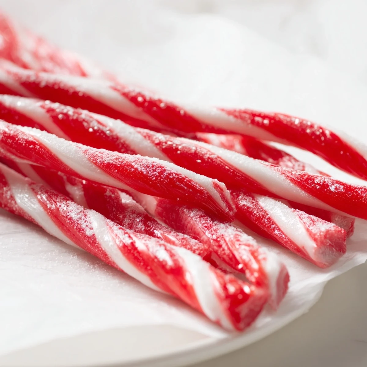 Close-up of freshly made candy sticks, showing their glossy texture and bright, appealing colors.