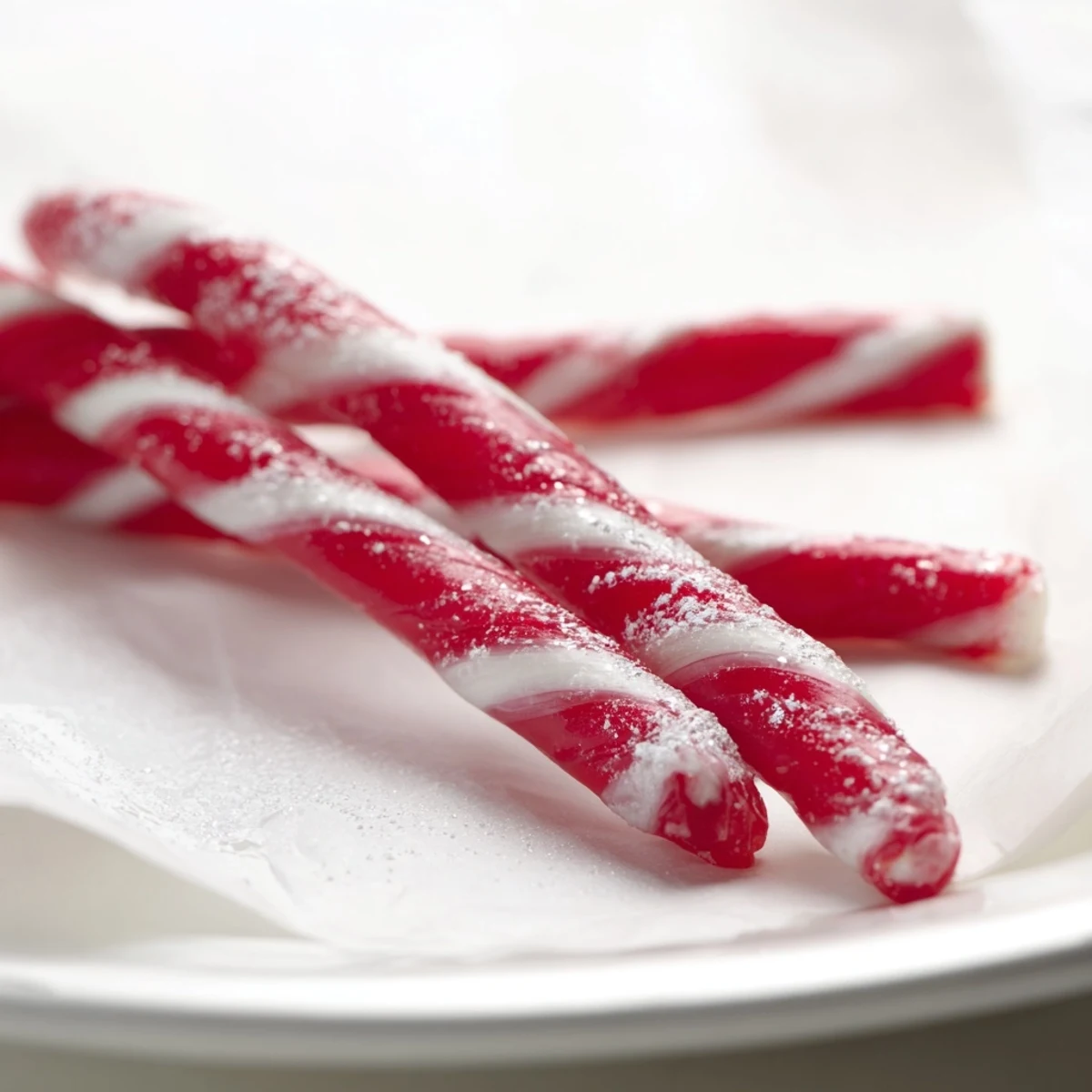 Vibrant red candy sticks, a classic American treat, cooling on parchment paper after the pour.