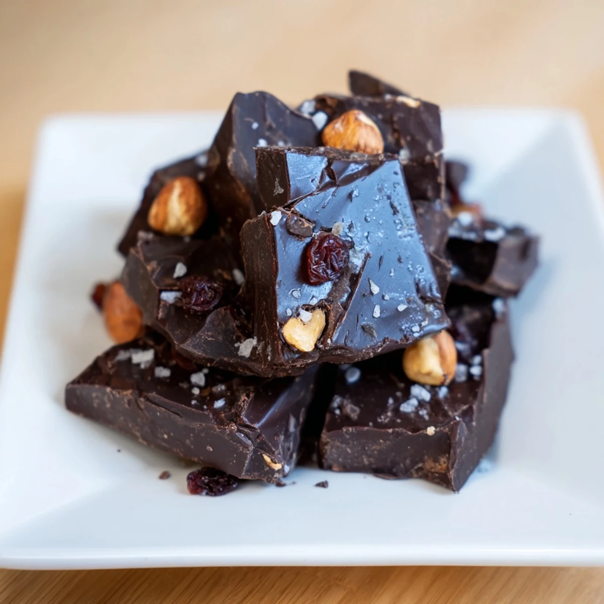 Close-up of freshly cut chunk chocolate, revealing rich, dark interiors and textured sea salt.