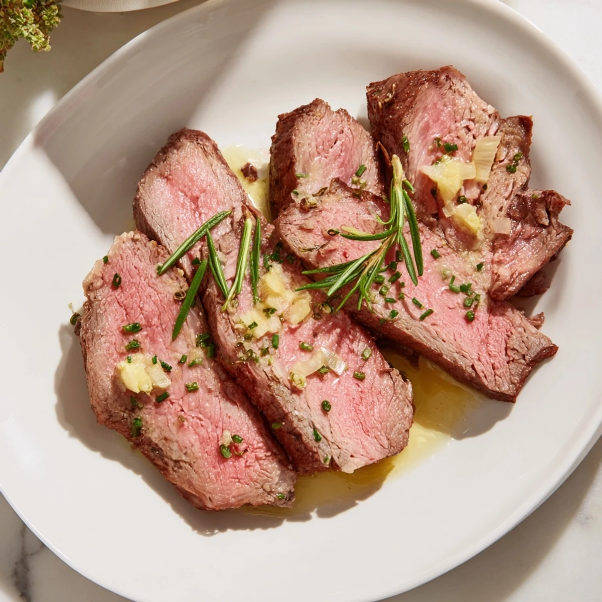 Juicy beef fillet cooked medium-rare, served with garlic butter, an elegant meal option.
