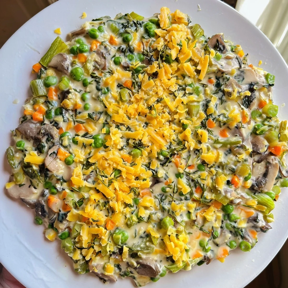 A close-up of the Savory Pie Filling, showing tender vegetables in a creamy sauce.