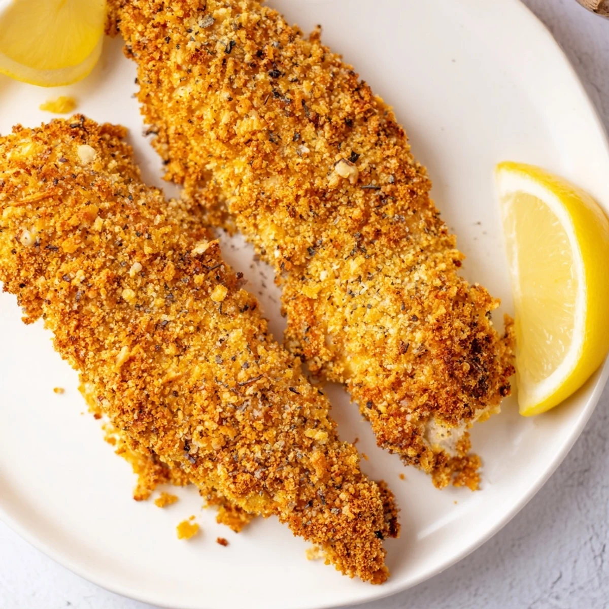Visualize crispy oven-baked chicken tenders: golden brown, crunchy breading, ready to enjoy with a squeeze of fresh lemon.