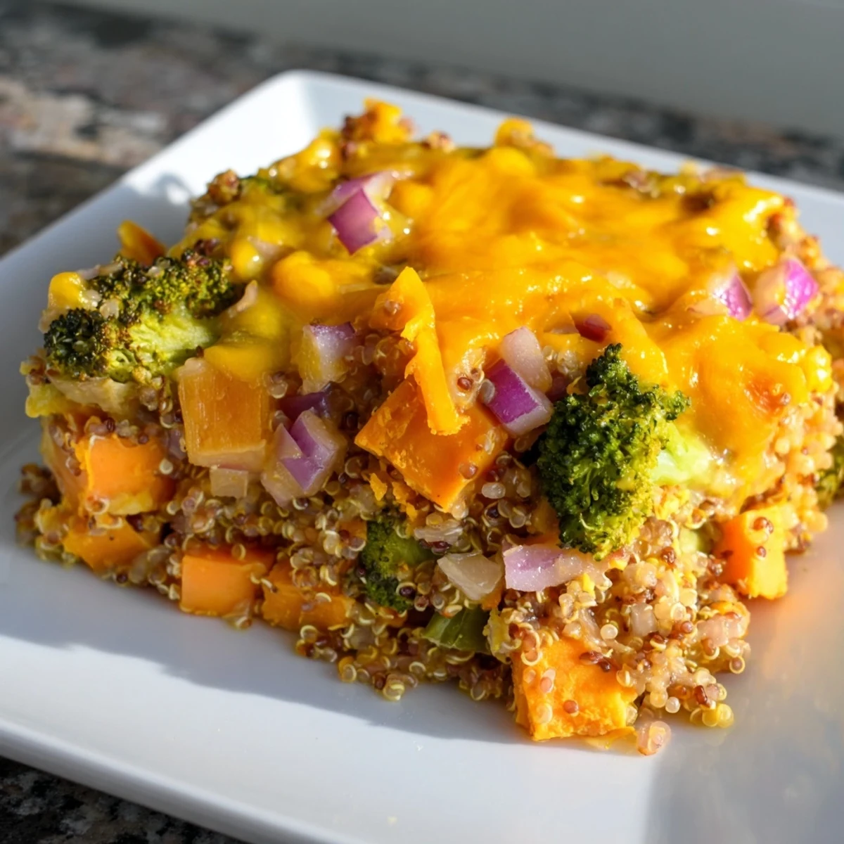 This photo depicts a hearty Goodness Baked casserole topped with melted cheddar, ready to serve and enjoy.