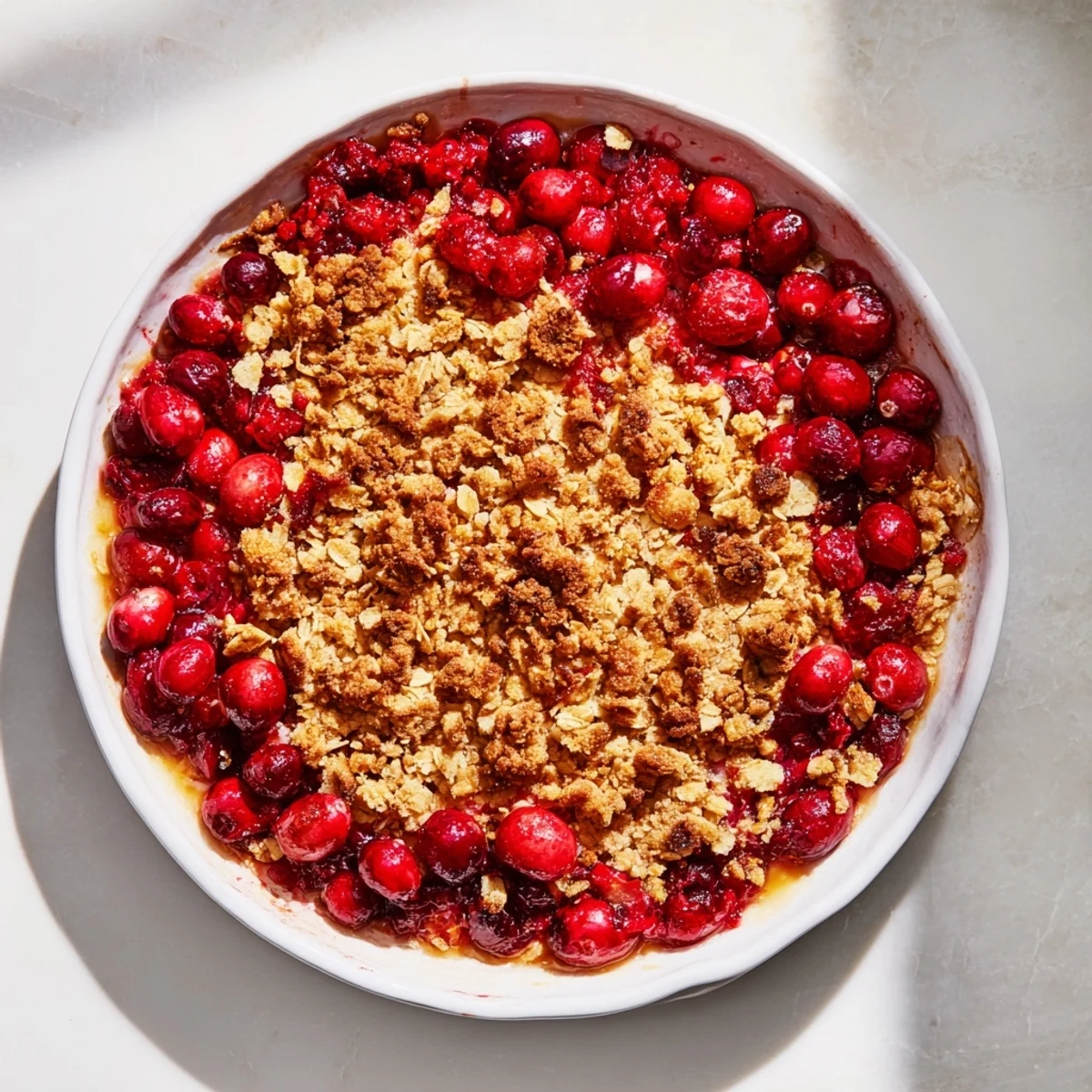 Golden brown and crisp cranberry crumble topping, perfect for warm, comforting desserts like pies.