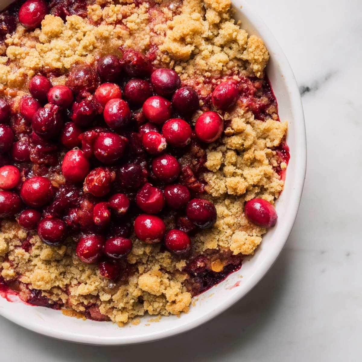 Buttery oatmeal crumble topping generously covering a bubbling, sweet-tart cranberry filling ready to serve. 