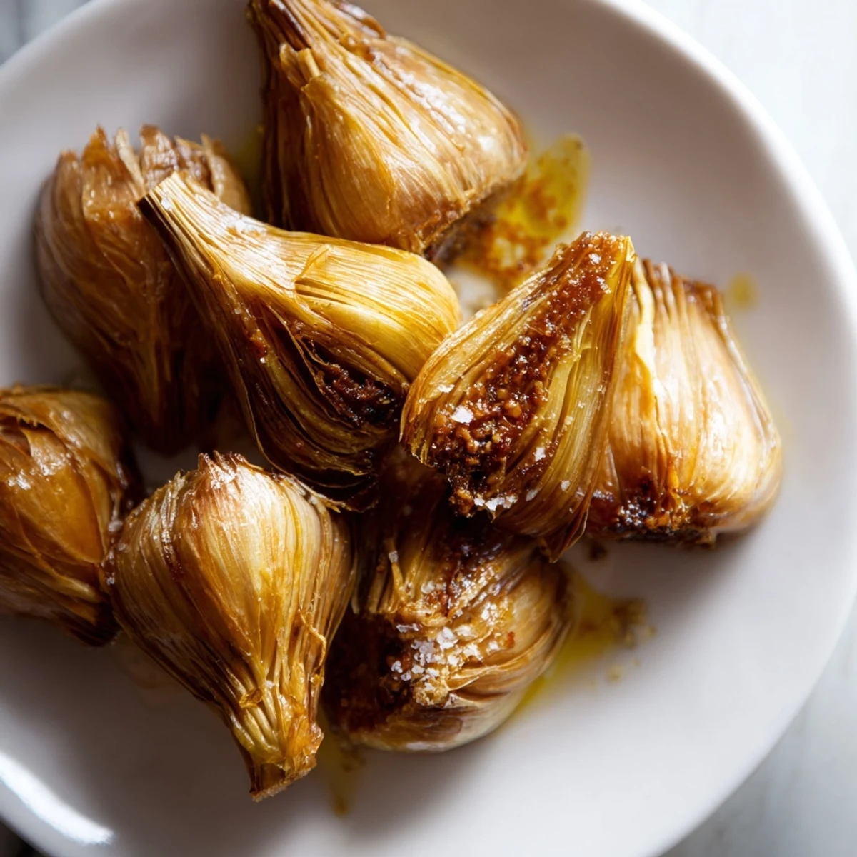Close-up image of glistening, caramelized Roasted Garlic, fragrant and perfect for spreading.