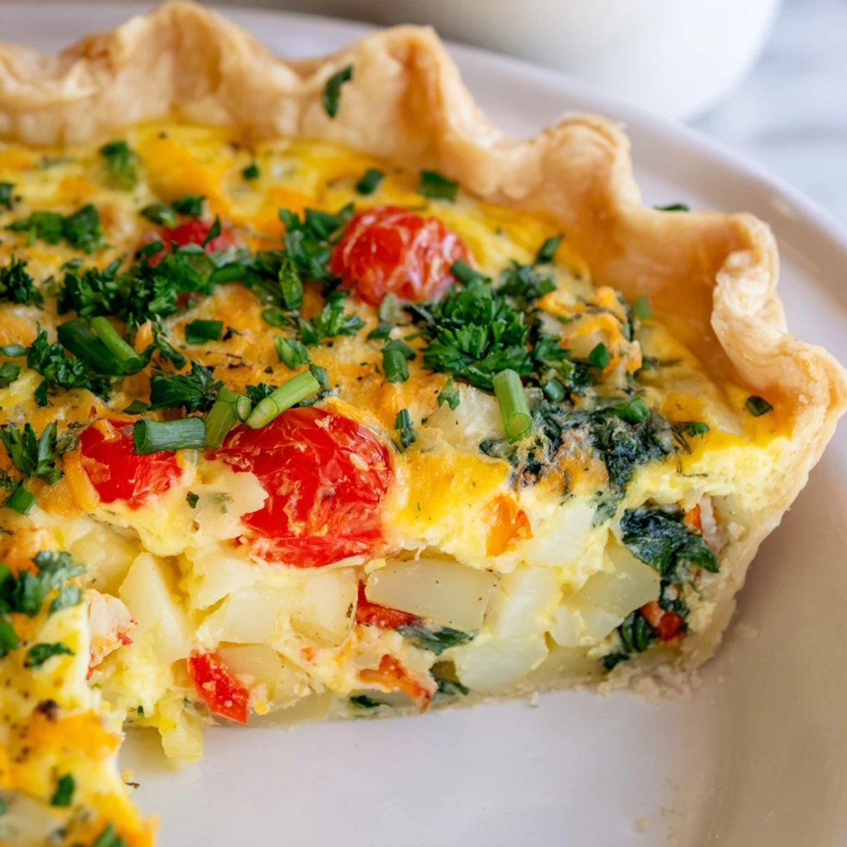 Golden-brown Savory Bacon-Free Egg Pie, filled with colorful vegetables, is ready to slice and enjoy.