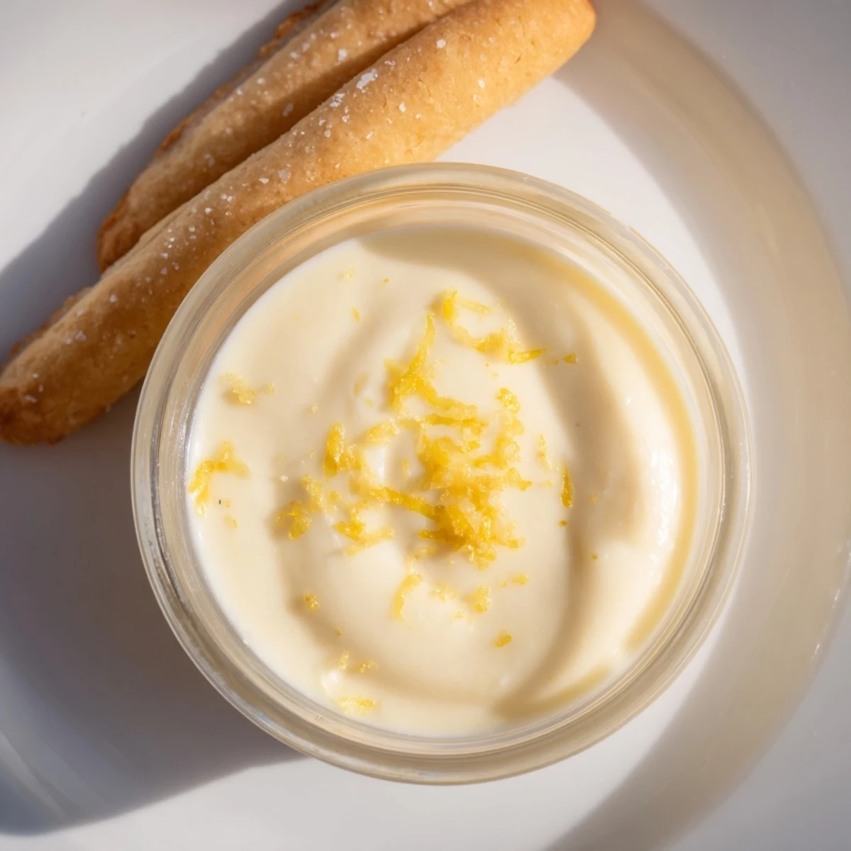 A close-up of a perfectly chilled lemon posset, complemented by golden shortbread cookies nearby.