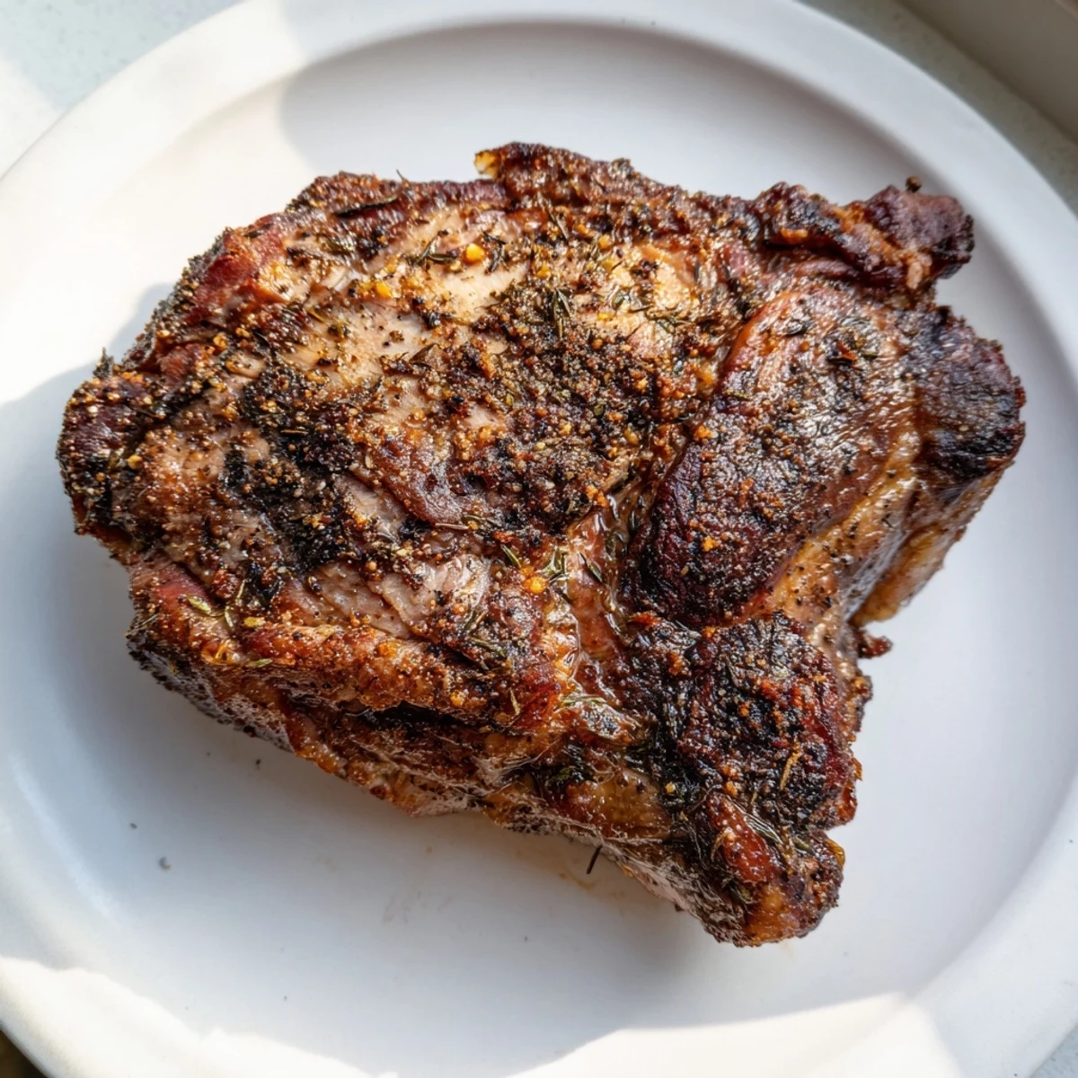 A close-up of a perfectly cooked Slow Roasted Pork Shoulder with crispy exterior, ideal for family meals.
