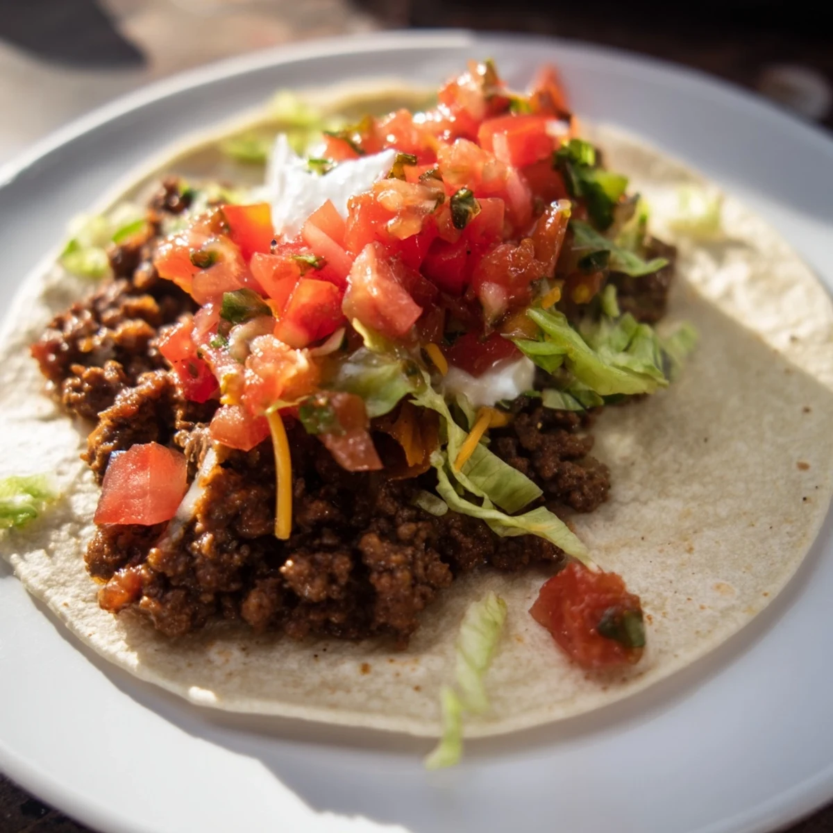 Freshly made beef tacos featuring seasoned ground beef, topped with colorful salsa, perfect for sharing.