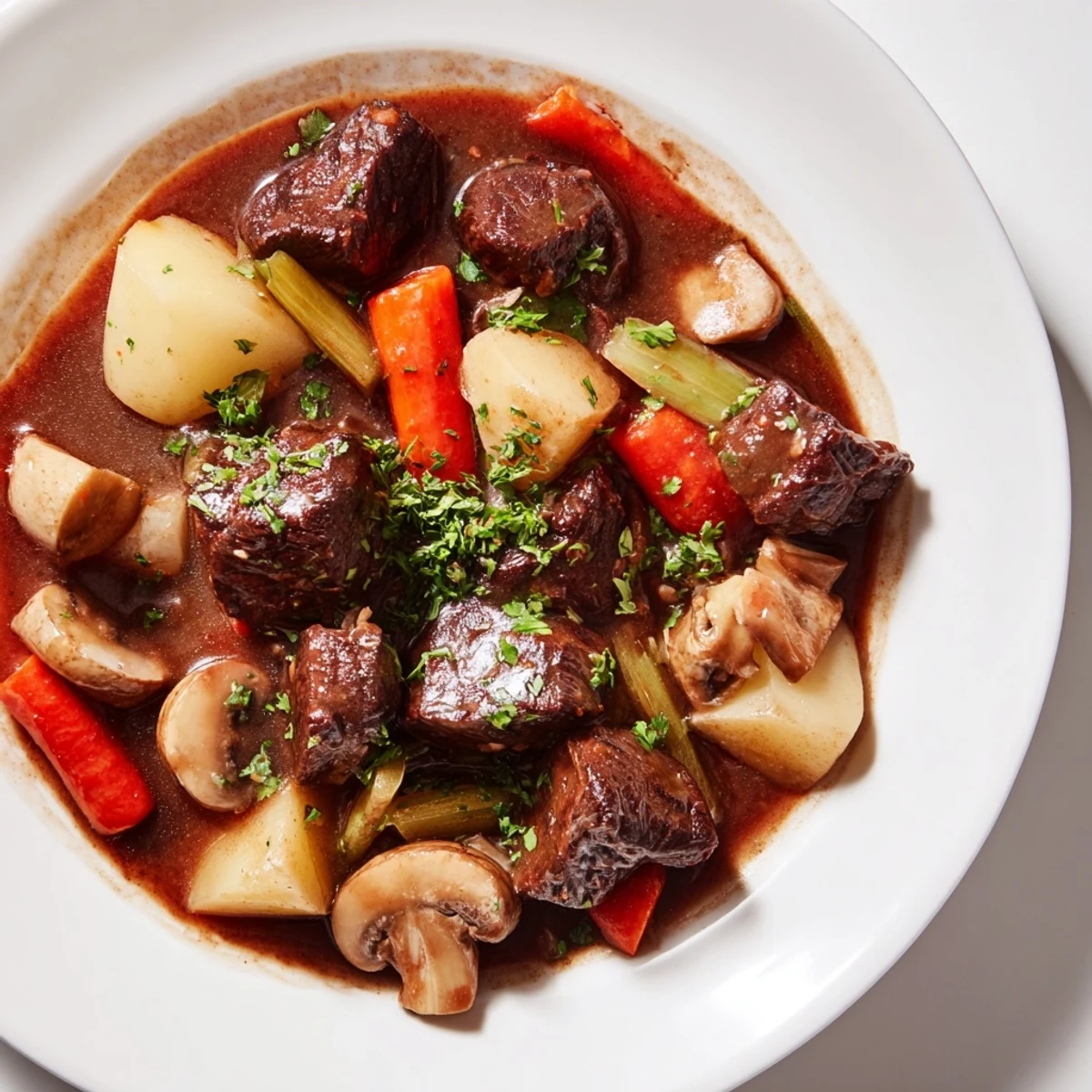 A steaming bowl of Braised Venison Stew; imagine the savory aroma and fall-apart tender meat.