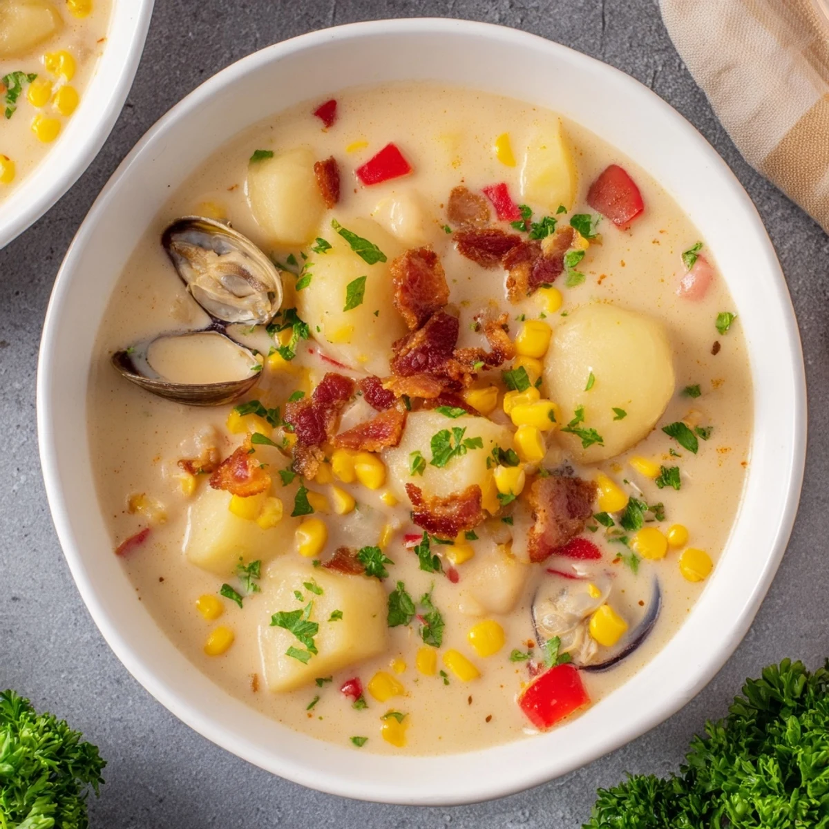 Steaming hot Creamy Clam Chowder with Corn, garnished with crispy bacon and fresh parsley, ready to serve.
