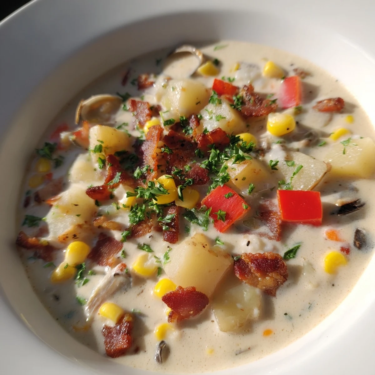 A hearty bowl of creamy New England clam chowder with corn, packed with clams and savory flavors.