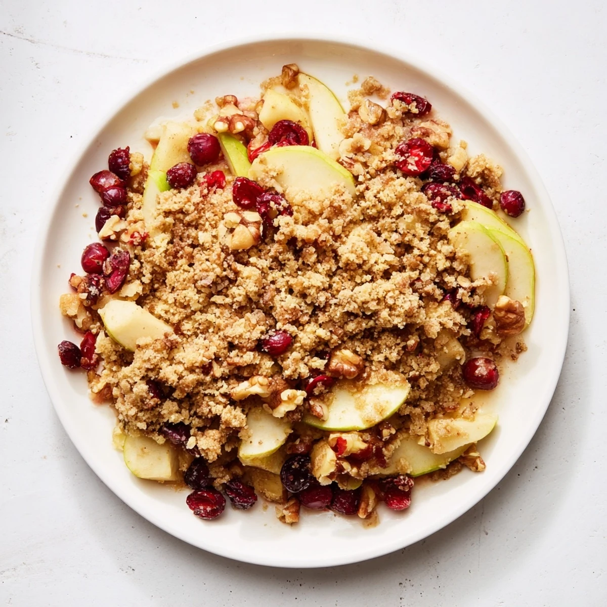 A close-up of a rustic Winter Fruit Crumble showcasing the baked fruits and amazing textures.