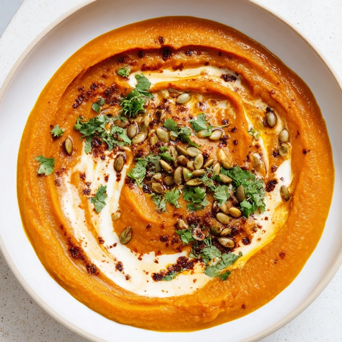 A bowl of flavorful Roasted Sweet Potato Soup, thick and rich, perfect for a cozy supper.