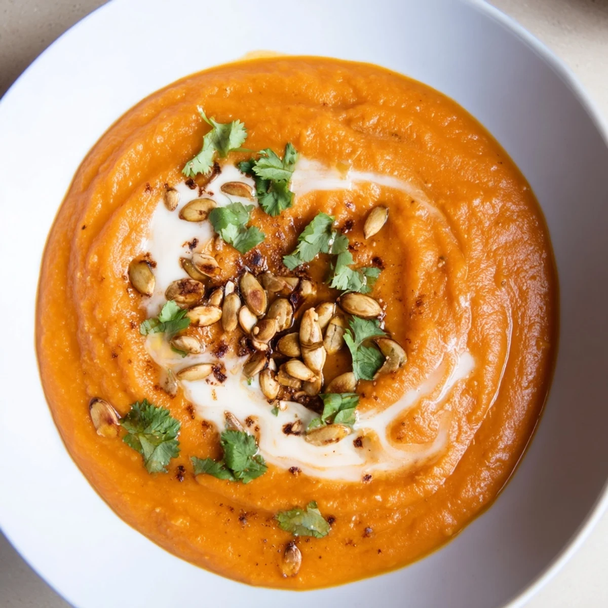 Creamy, golden Roasted Sweet Potato Soup, garnished with cilantro, ready to warm you up.