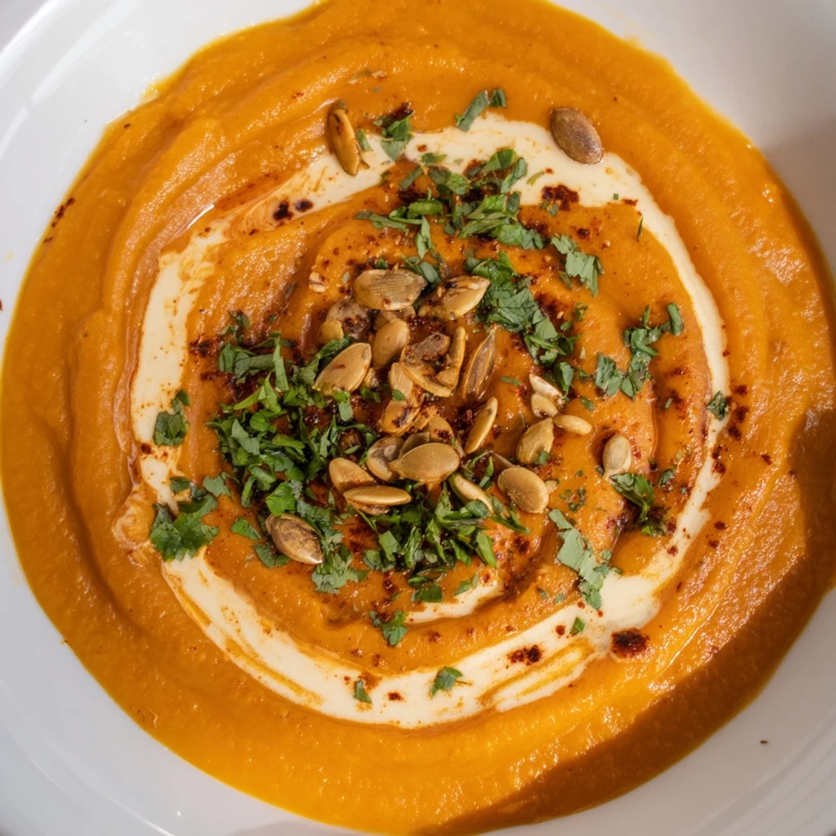 Beautifully blended Roasted Sweet Potato Soup, showcasing roasted vegetables in a vibrant, smooth texture.