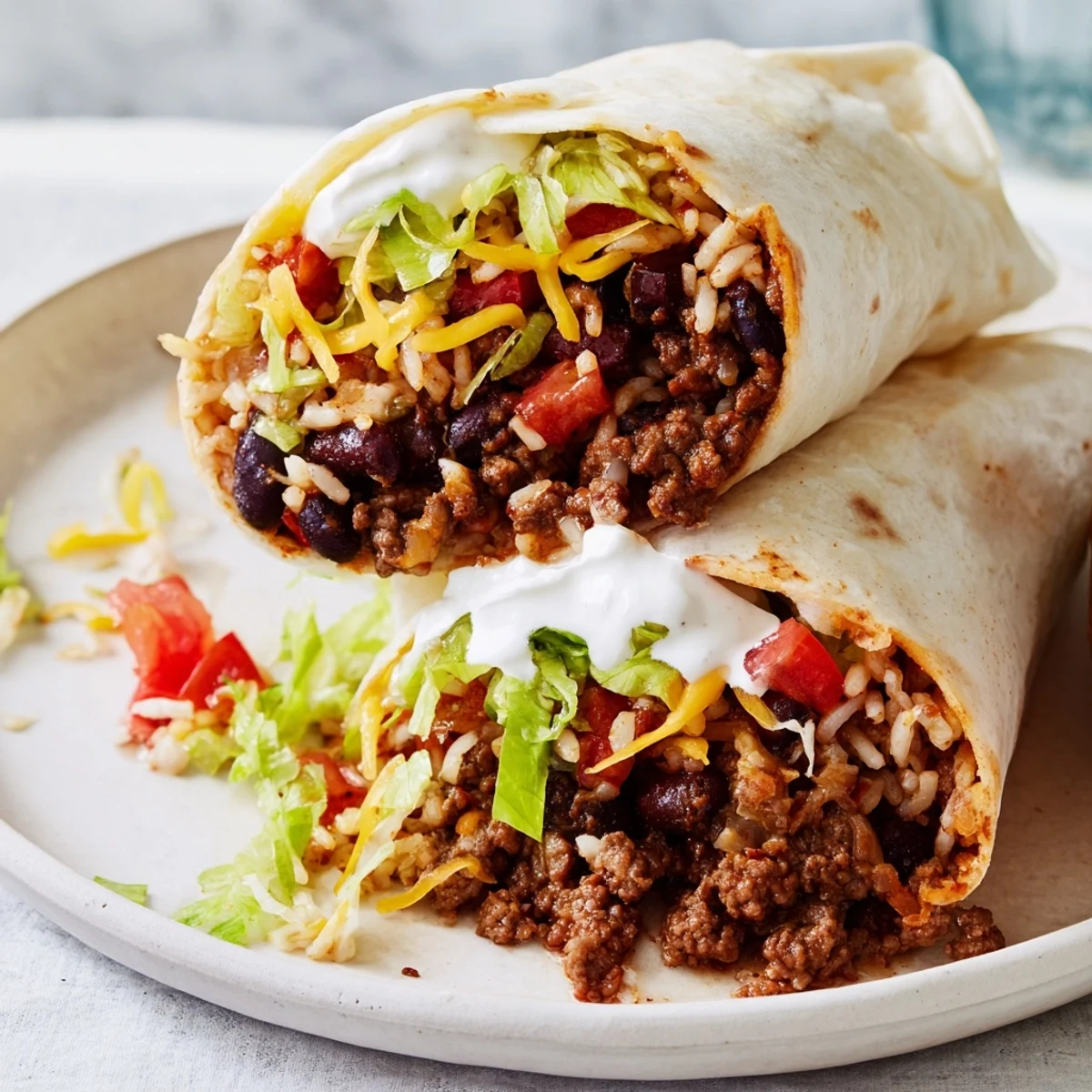 Steaming Beef Burritos filled with seasoned ground beef, cheese, and fresh toppings are ready to be enjoyed.