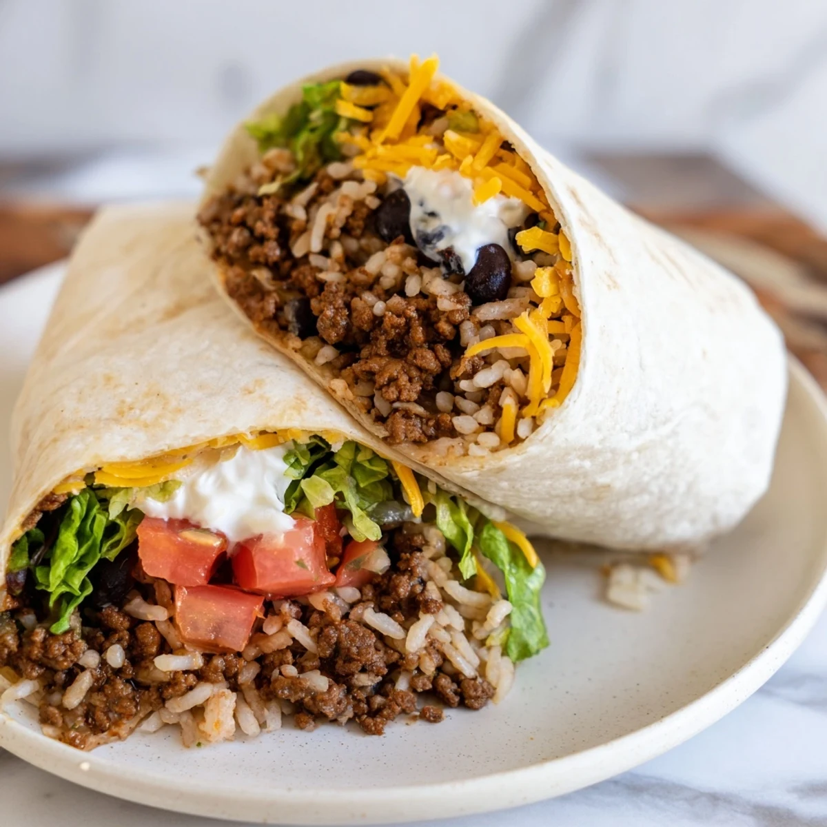 A close-up of a Beef Burrito, bursting with savory fillings, ready for a delicious Tex-Mex meal.