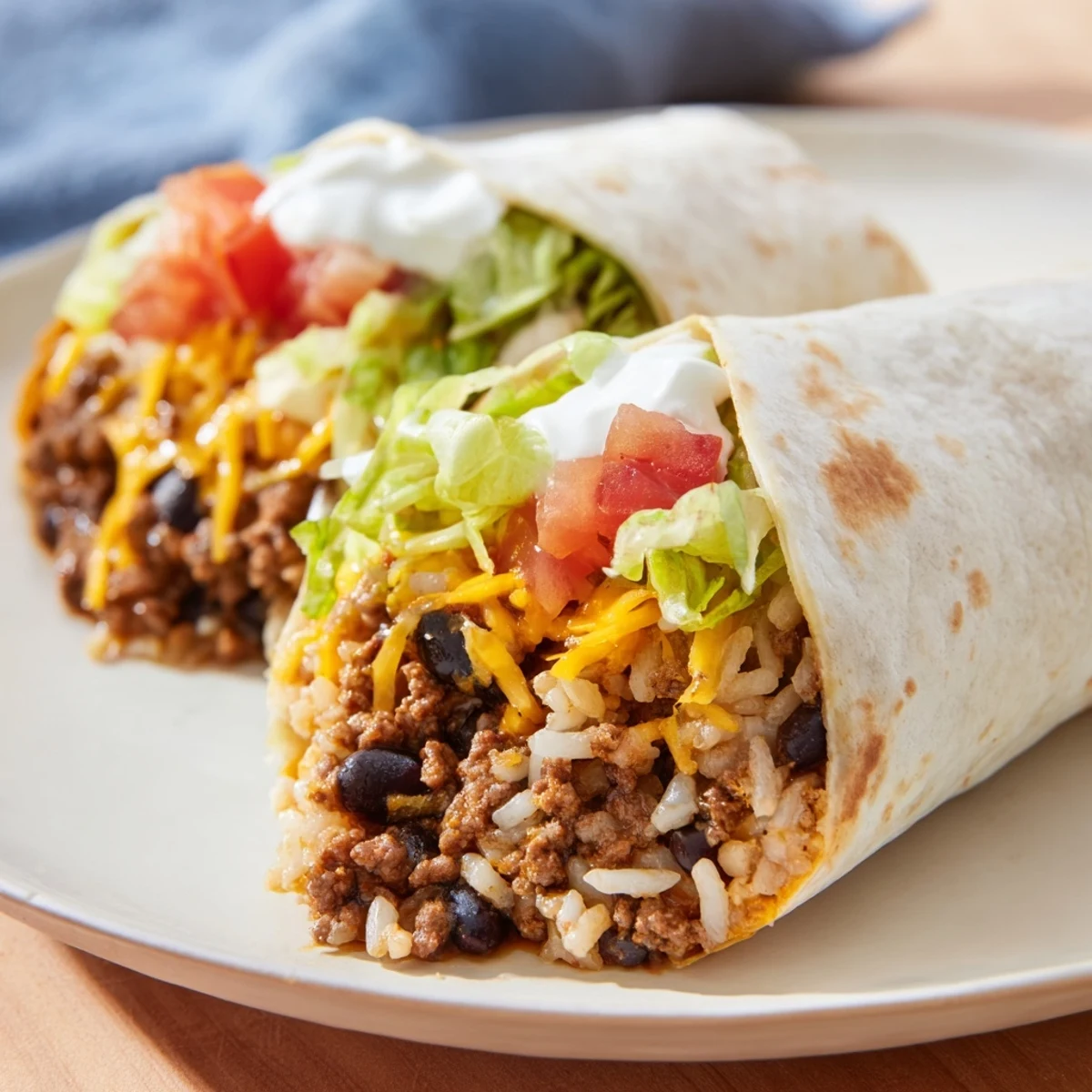 Golden-brown, crisp Beef Burritos with melted cheese are served alongside sour cream for a perfect bite.