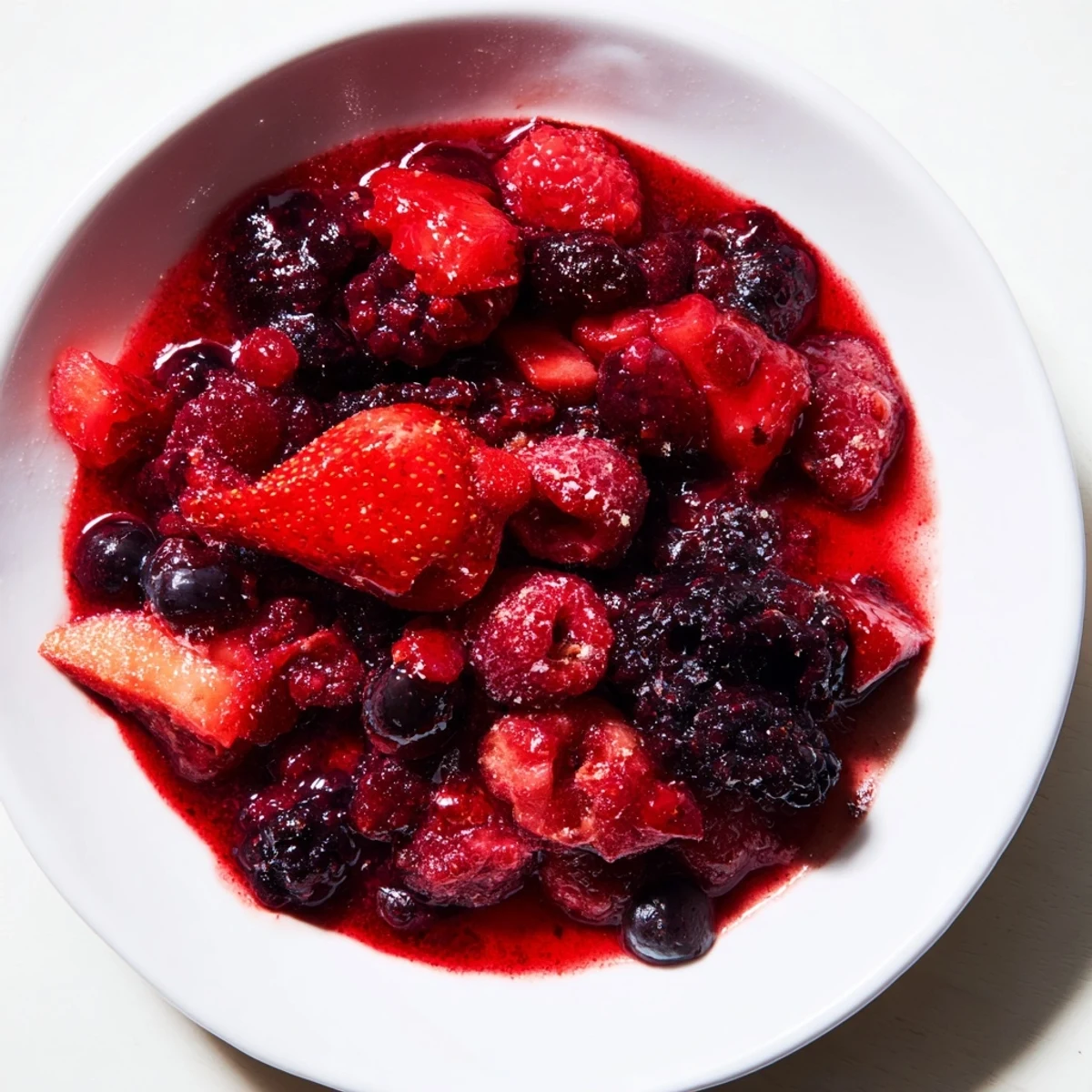 Warm berry compote, glistening dark red, simmers; imagine pouring it over yogurt or pancakes.