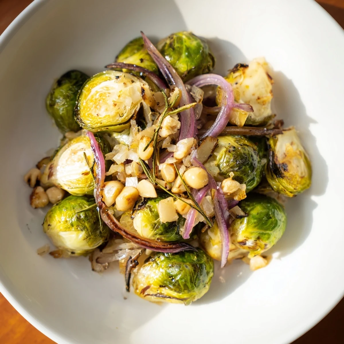 Bright, flavorful Roasted Sprouts with Chestnuts, garnished and ready to serve for a delicious meal.