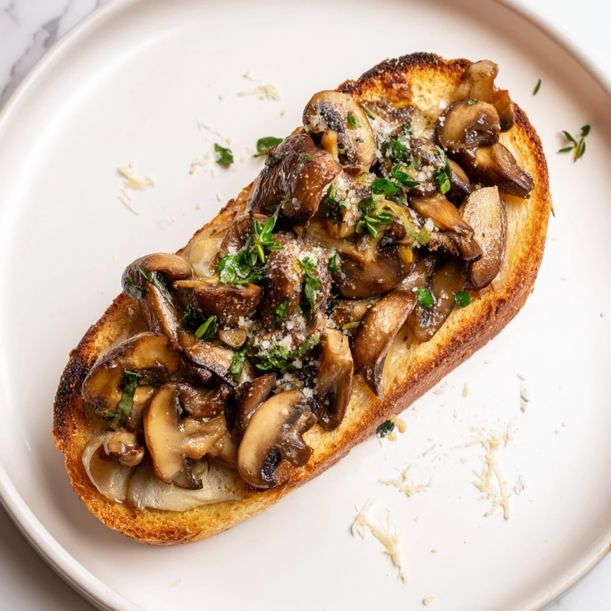 Golden-brown garlic mushrooms on toast, a simple starter with fresh herbs and butter.