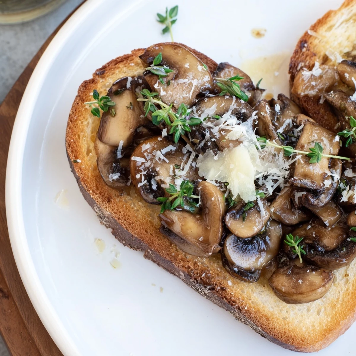 Savory garlic mushrooms piled high on toasted sourdough bread, ready to be enjoyed as a meal.